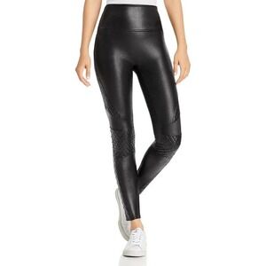 SPANX Faux Leather Quilted Leggings Black Size Medium Petite Biker MP